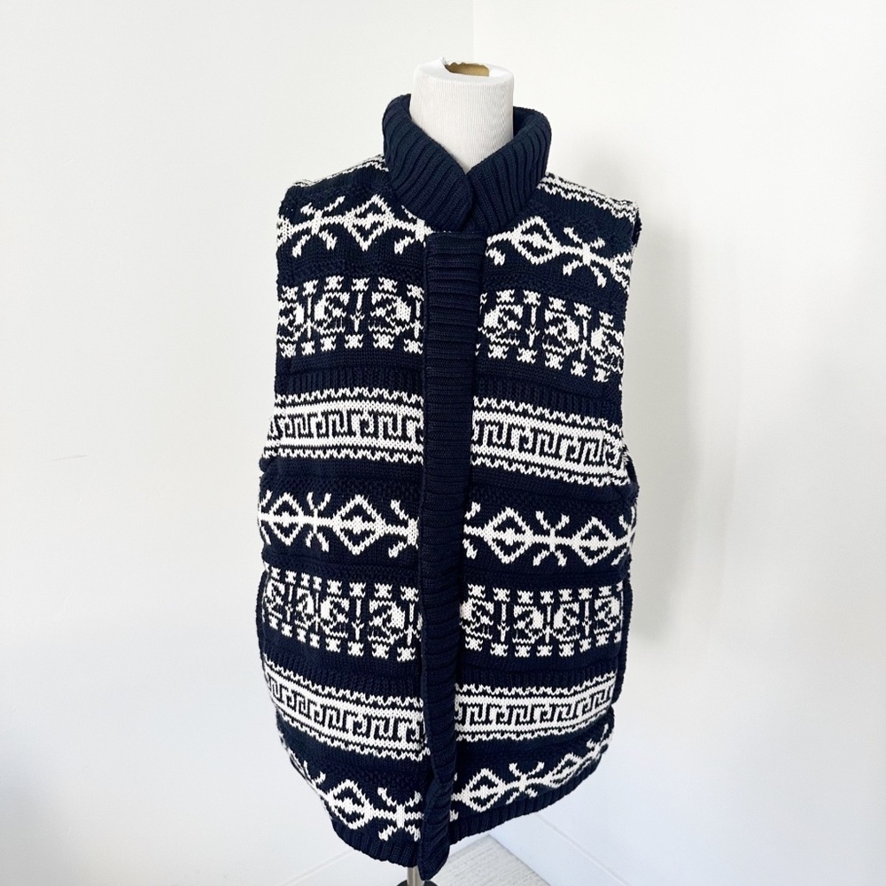 CLAIBORNE Fairisle Womens L Navy Insulated Vest Knit Sweater Puffy Nordic Chalet